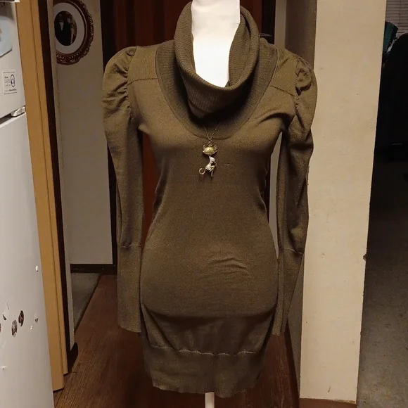 slim fit dress slacks Ribbed Knit Mock Neck Patchwork Mini Sweater Dress, Olive / S